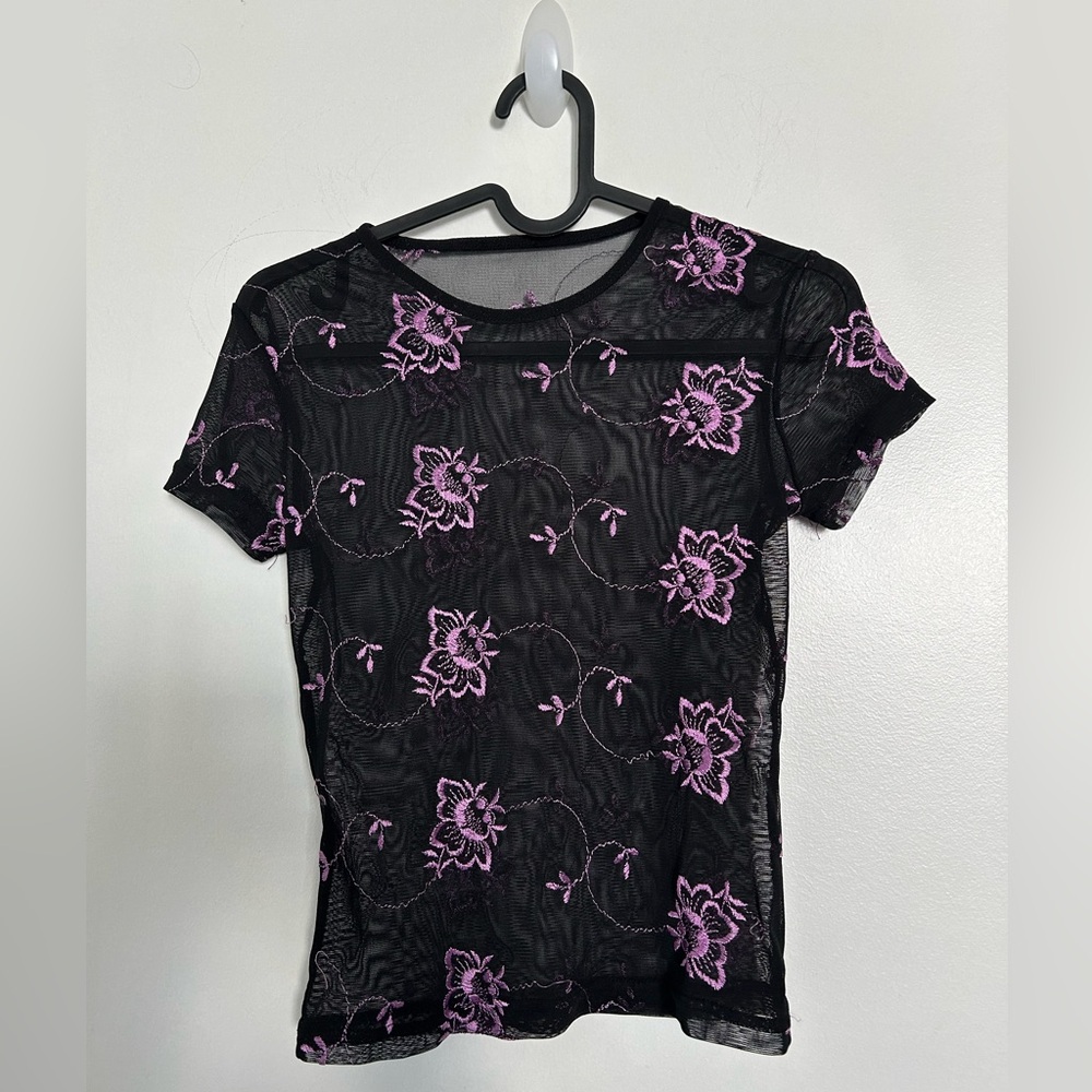 Floral Black and Purple Mesh Top